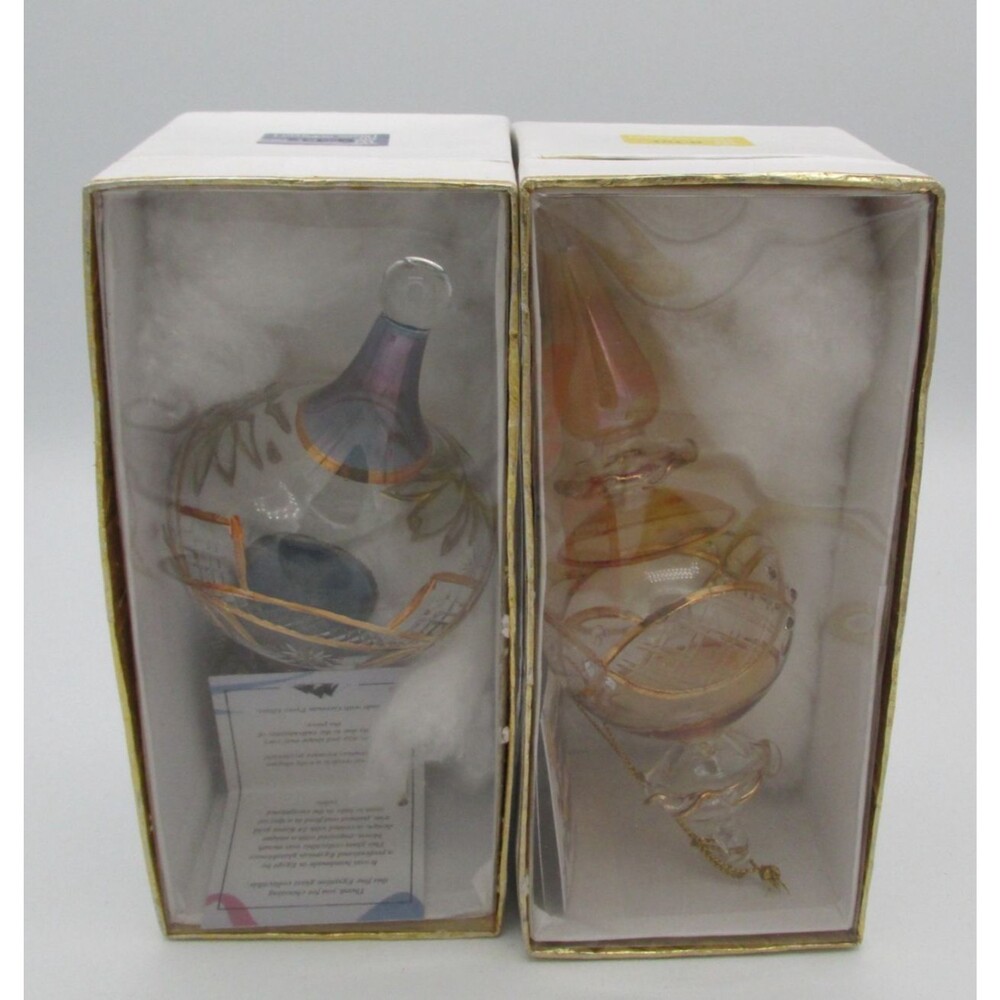 Vintage Egyptian Museum Glass Ornaments Lot of 2 Hand Blown 24k Gold Trim Boxed